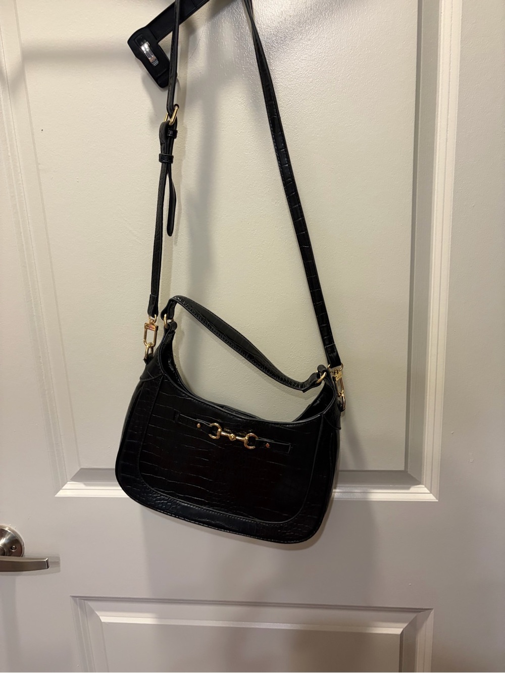 Anne Klein Black Croc-Embossed Shoulder Bag with Gold Hardware